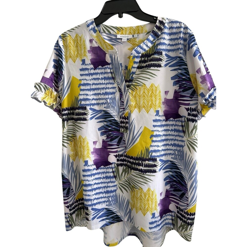 Chico’s Sz 2(L) Neema Coastal Ruffle Sleeve Multicolor Top Tropical Leaf Collage